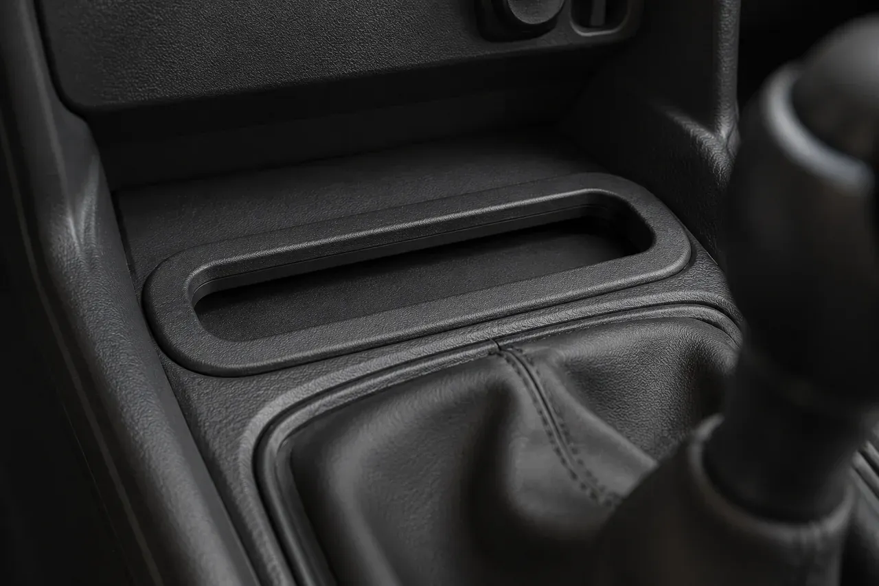 The printed center console coin tray fitted in place in a car interior