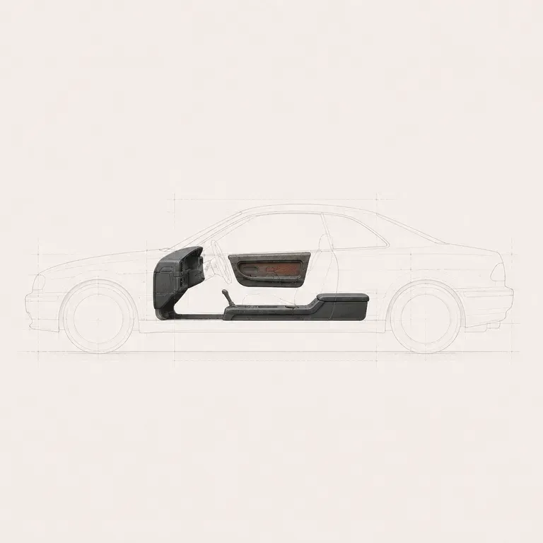 Outline of a 1990s coupe with only its interior trim pieces fully drawn, one marked with a crack