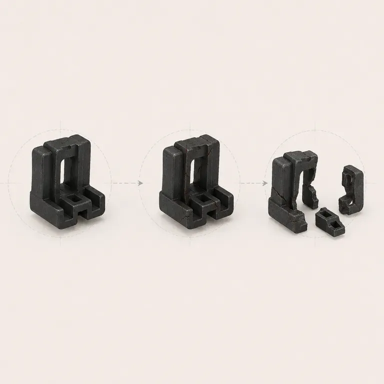 A plastic mounting clip shown three times in sequence: intact, cracked, and crumbled to pieces