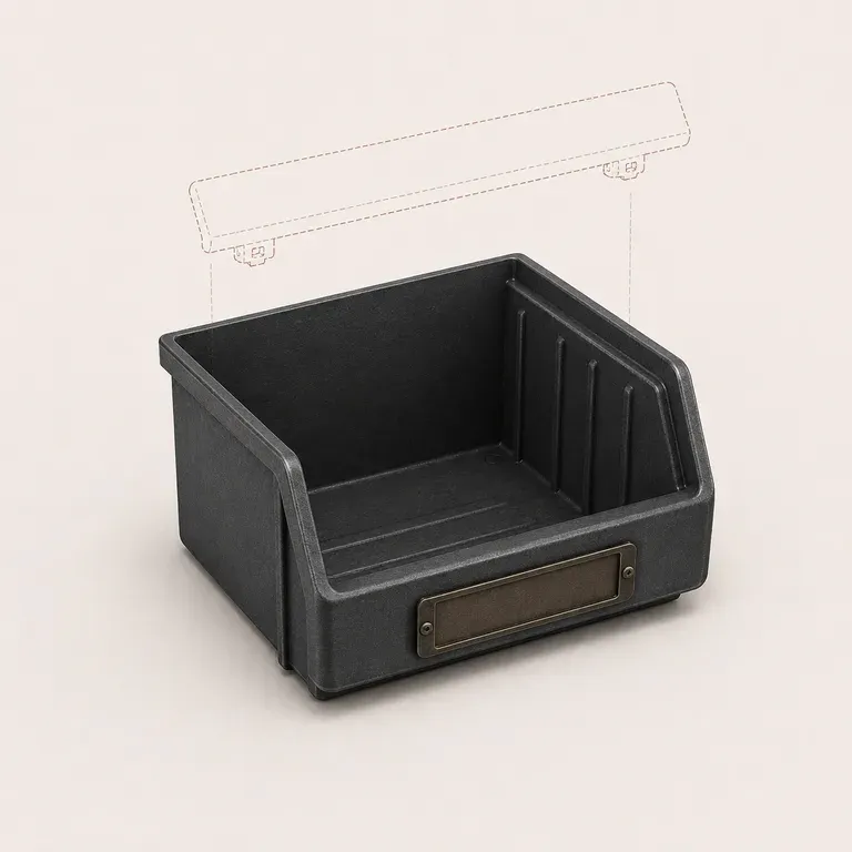 An empty parts bin with the missing part hovering above it as a ghosted outline