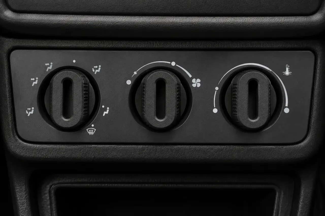 The printed climate control knob set fitted in place in a car interior