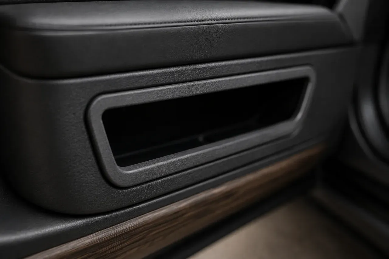 The printed door pull escutcheon, driver's side fitted in place in a car interior