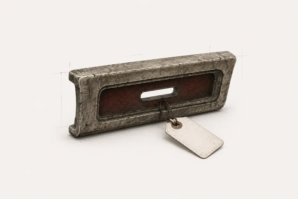 A single worn trim part with a blank paper tag attached
