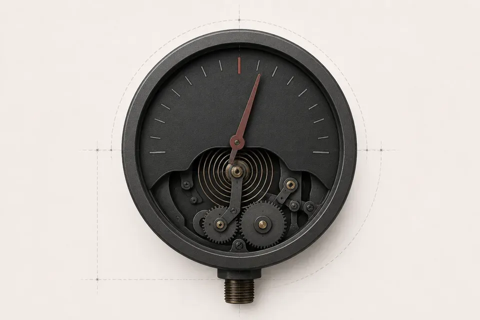 A pressure gauge with its needle approaching, but not yet reaching, a single threshold mark