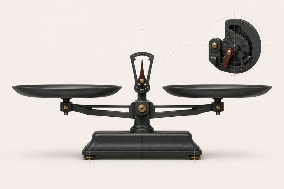 A two-pan balance scale sitting exactly level, with a detail view of its ratchet mechanism