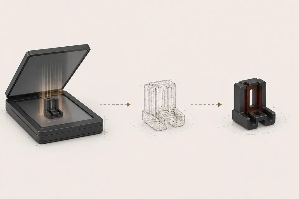 A part scanned, modeled as a wireframe, and finished, shown left to right