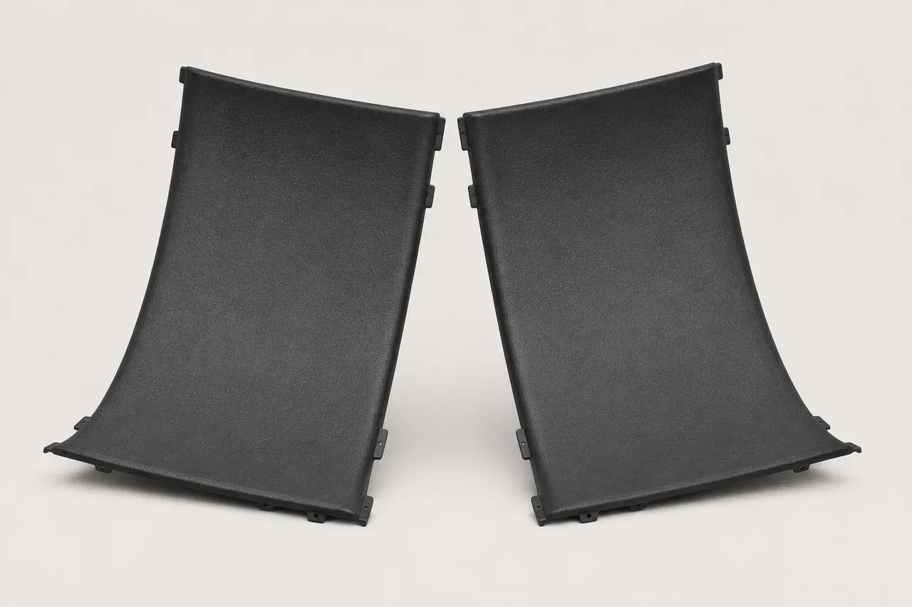 3D-printed reproduction of the t-top headliner trim set, studio view showing the sintered nylon finish